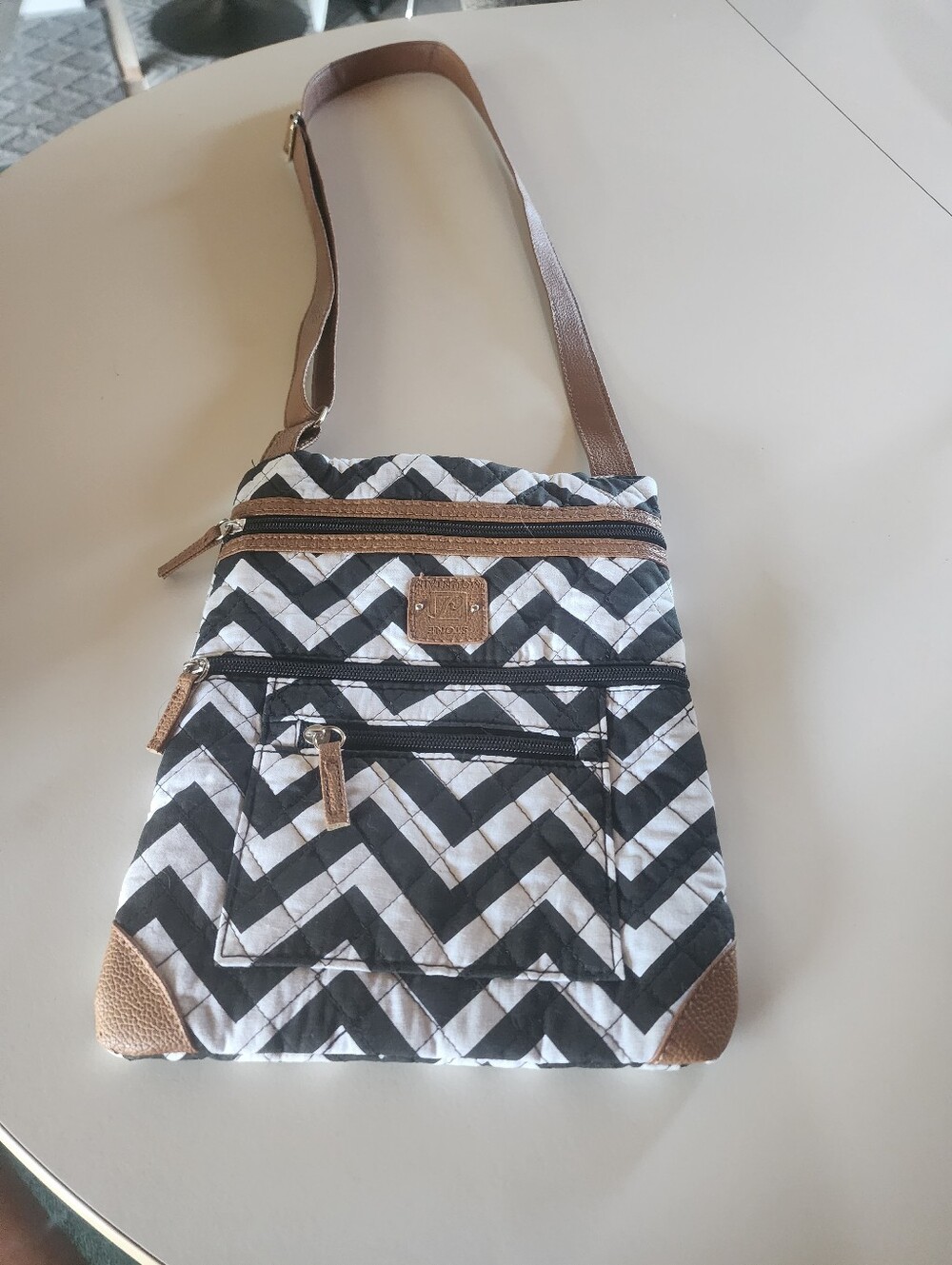 Quilted Stone Mountain  Crossbody Bag in Black and White with Brown Trim